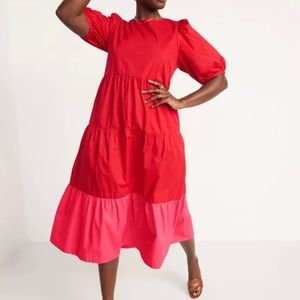 Puffed Sleeve red midi dress